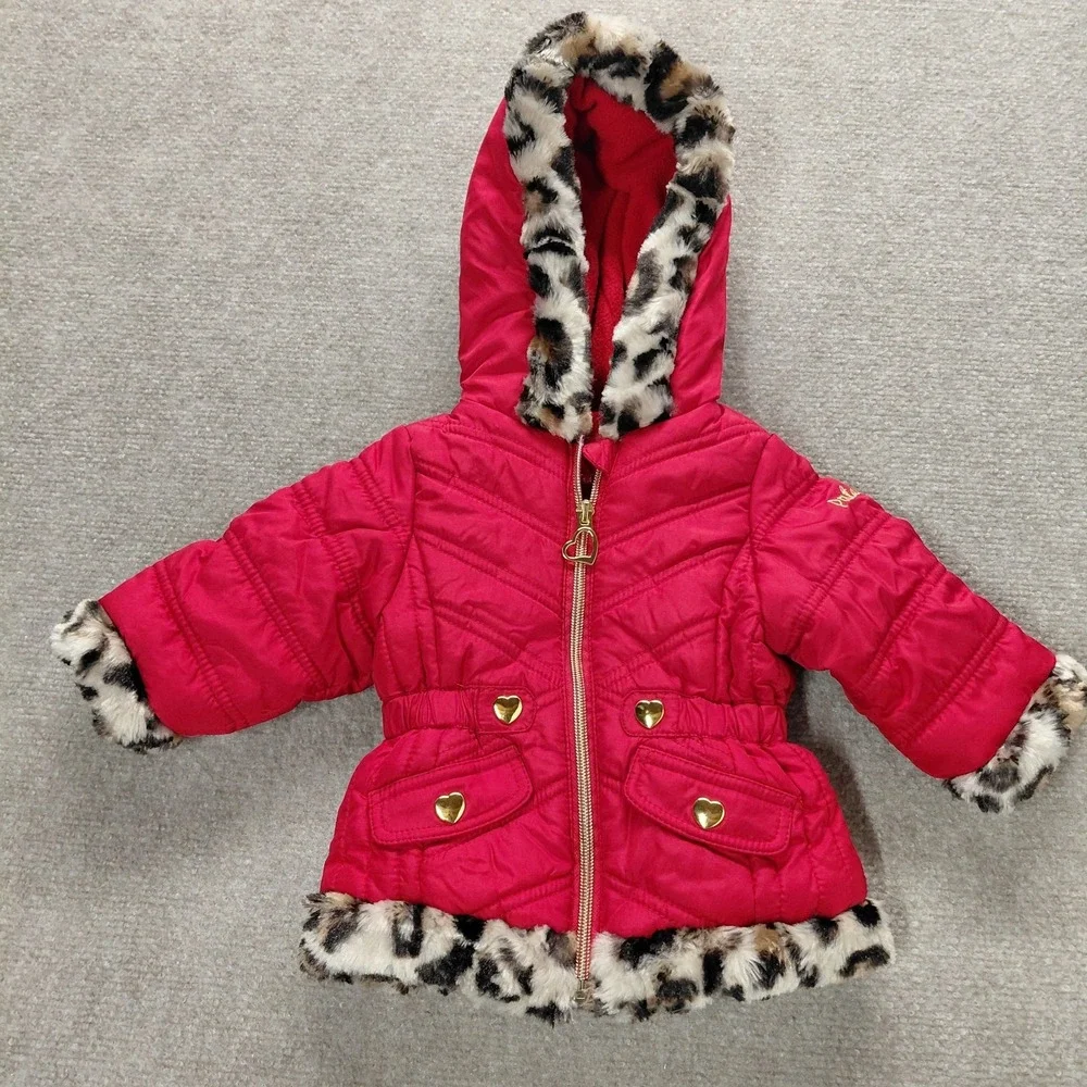 Pistachio Red Jacket Winter Coat with Leopard Faux Fur Trim Baby Girl 9M